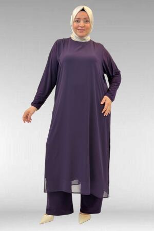 67024 Büyük Beden Sandy-Şifon Elbise - Mürdüm - 