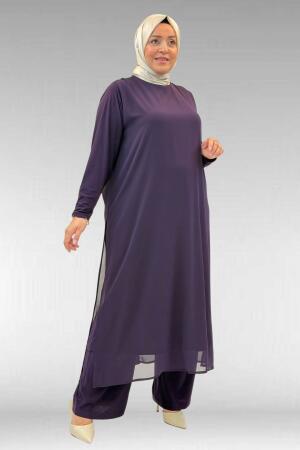 67024 Büyük Beden Sandy-Şifon Elbise - Mürdüm - (1)