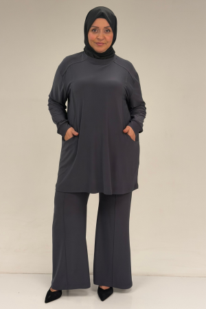 67031 Büyük Beden Yanları Cep Detaylı Pantolonlu Sandy Takım - Antrasit - 