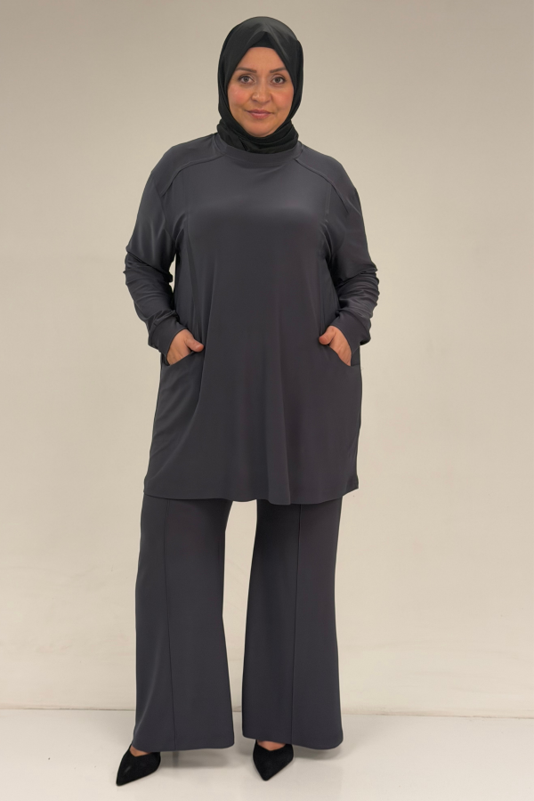 67031 Büyük Beden Yanları Cep Detaylı Pantolonlu Sandy Takım - Antrasit - 1