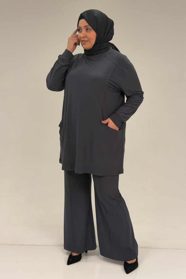 67031 Büyük Beden Yanları Cep Detaylı Pantolonlu Sandy Takım - Antrasit - 2