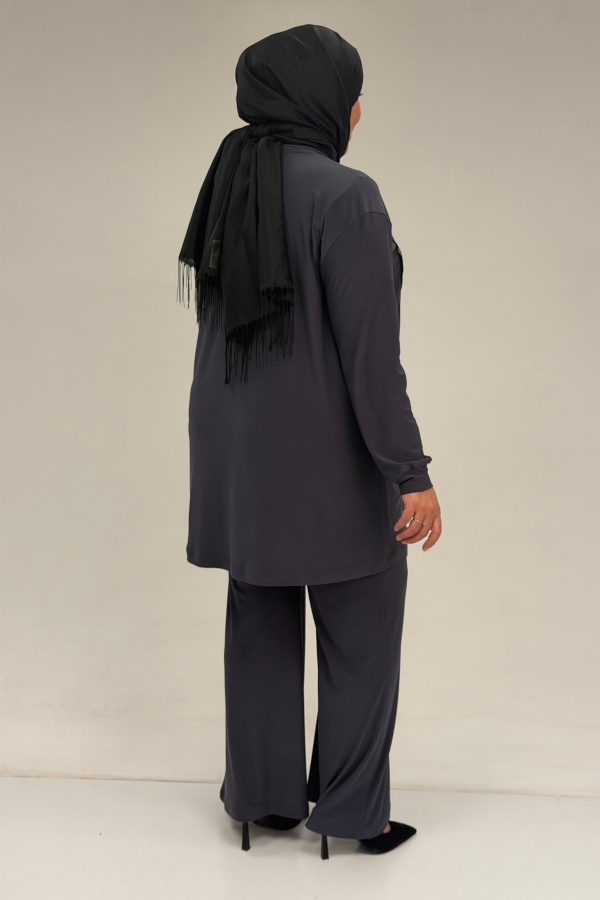 67031 Büyük Beden Yanları Cep Detaylı Pantolonlu Sandy Takım - Antrasit - 3