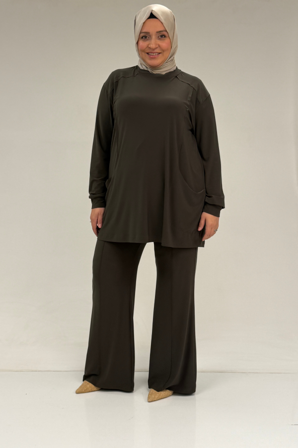 67031 Büyük Beden Yanları Cep Detaylı Pantolonlu Sandy Takım - Haki - 1