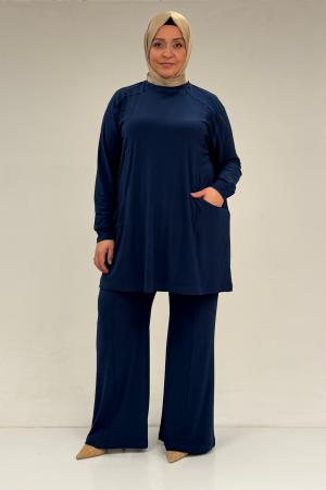 67031 Büyük Beden Yanları Cep Detaylı Pantolonlu Sandy Takım - İndigo - 