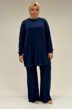 67031 Büyük Beden Yanları Cep Detaylı Pantolonlu Sandy Takım - İndigo - (1)