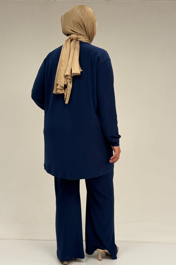 67031 Büyük Beden Yanları Cep Detaylı Pantolonlu Sandy Takım - İndigo - 3