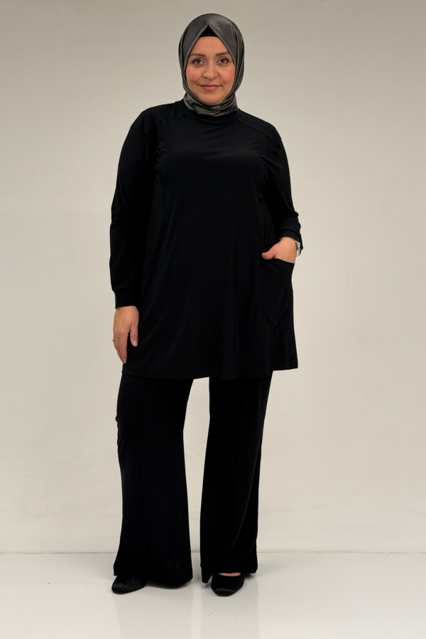 67031 Büyük Beden Yanları Cep Detaylı Pantolonlu Sandy Takım - Siyah - 1