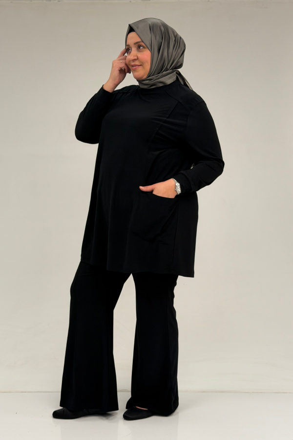 67031 Büyük Beden Yanları Cep Detaylı Pantolonlu Sandy Takım - Siyah - 2