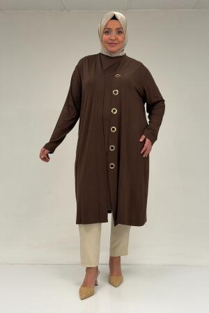 67032 Büyük Beden Kuşgözü Detaylı Penye İkili Takım - Kahve - 