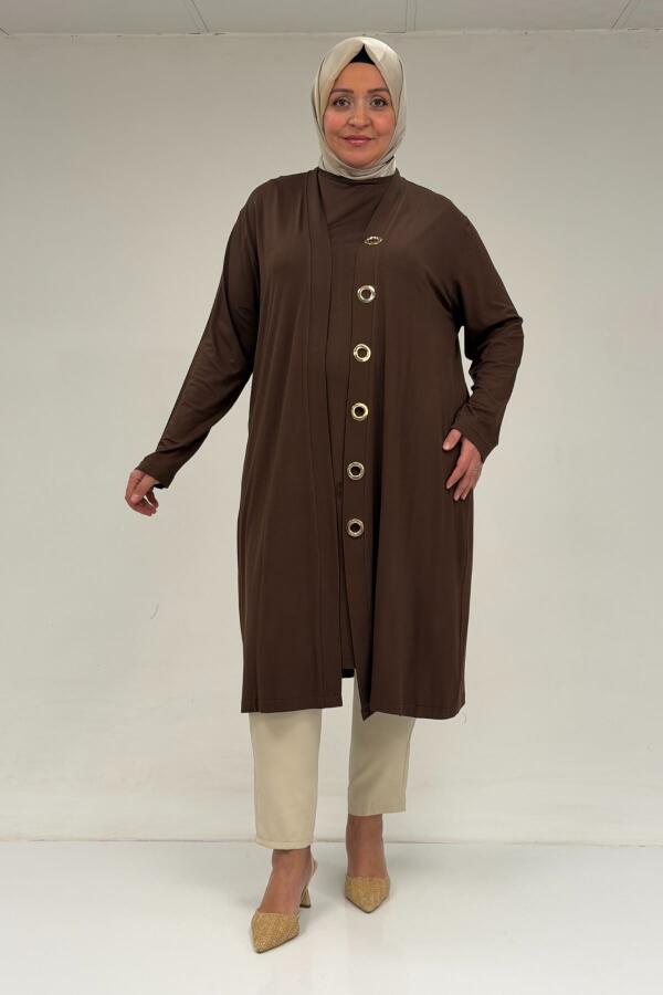 67032 Büyük Beden Kuşgözü Detaylı Penye İkili Takım - Kahve - 1