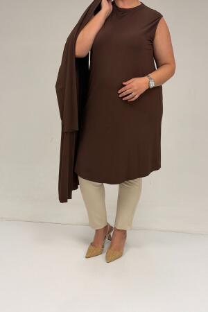 67032 Büyük Beden Kuşgözü Detaylı Penye İkili Takım - Kahve - (1)