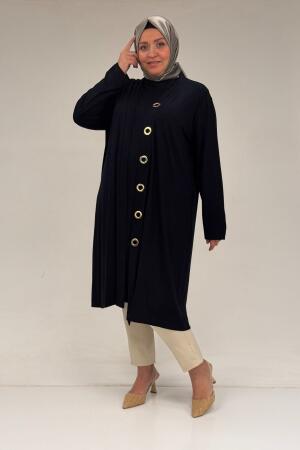 67032 Büyük Beden Kuşgözü Detaylı Penye İkili Takım - Lacivert - 