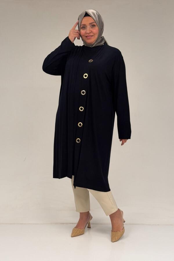 67032 Büyük Beden Kuşgözü Detaylı Penye İkili Takım - Lacivert - 1