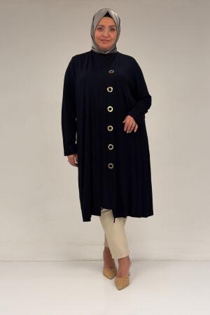 67032 Büyük Beden Kuşgözü Detaylı Penye İkili Takım - Lacivert - (1)