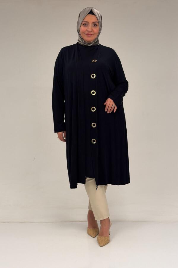 67032 Büyük Beden Kuşgözü Detaylı Penye İkili Takım - Lacivert - 2