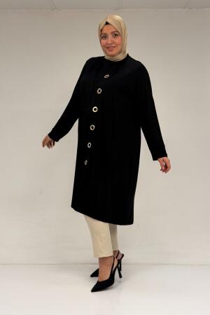 67032 Büyük Beden Kuşgözü Detaylı Penye İkili Takım - Siyah - (1)