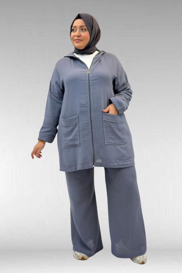 67035 Büyük Beden Kapşonlu Fermuarlı Müslin Pantolonlu Takım - Antrasit - 2
