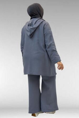 67035 Büyük Beden Kapşonlu Fermuarlı Müslin Pantolonlu Takım - Antrasit - 3