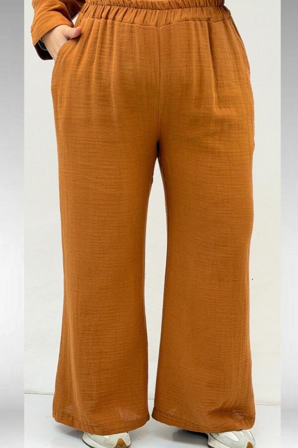 67035 Büyük Beden Kapşonlu Fermuarlı Müslin Pantolonlu Takım - Tarçın - 3