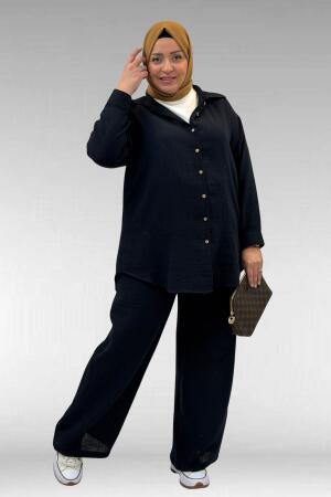 67038 Büyük Beden Erkek Yakalı Müslin Pantolonlu Takım - Siyah - 