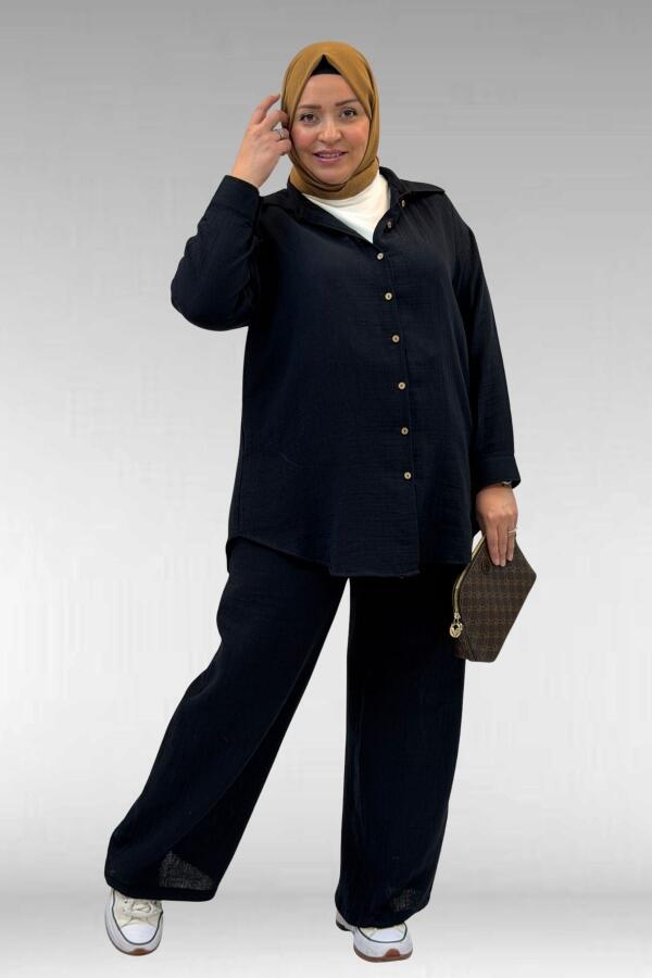 67038 Büyük Beden Erkek Yakalı Müslin Pantolonlu Takım - Siyah - 1