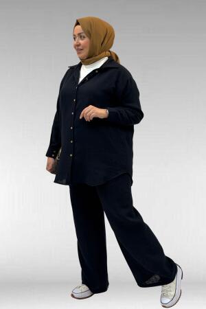 67038 Büyük Beden Erkek Yakalı Müslin Pantolonlu Takım - Siyah - (1)