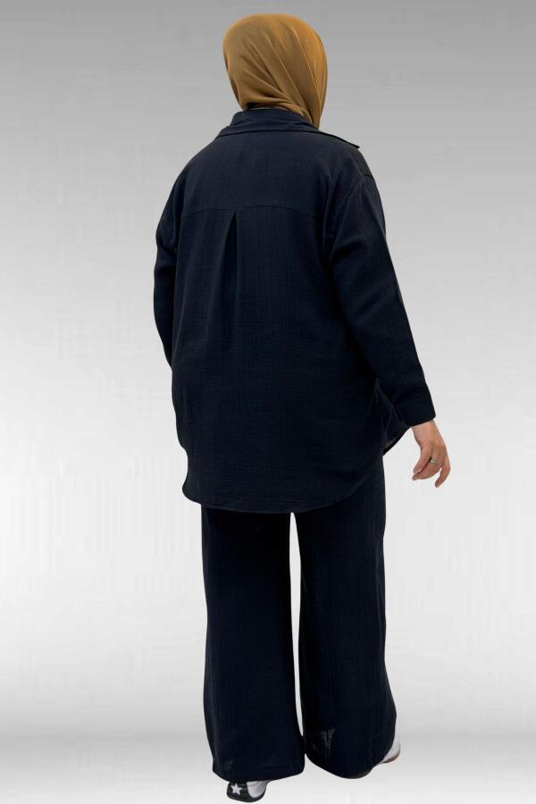 67038 Büyük Beden Erkek Yakalı Müslin Pantolonlu Takım - Siyah - 3