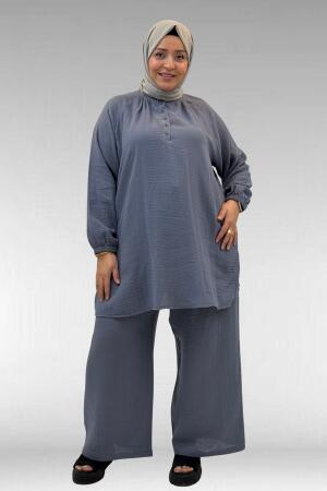 67039 Büyük Beden Yarım Patlı Sıfır Yaka Müslin Pantolonlu Takım - Antrasit - 