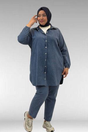 67042 Büyük Beden Kolları Lastikli Pantolonlu Takım - Lacivert - 1