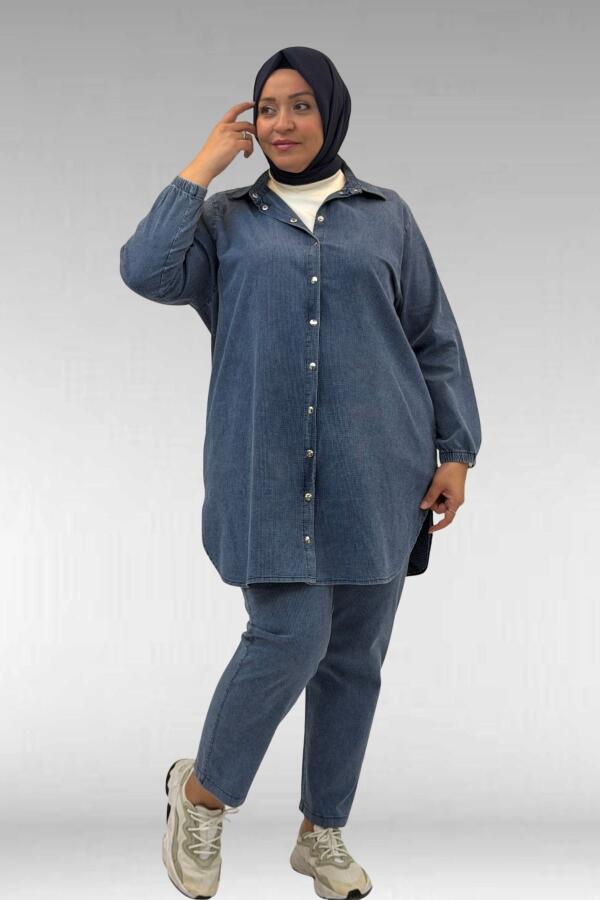 67042 Büyük Beden Kolları Lastikli Pantolonlu Takım - Lacivert - 1