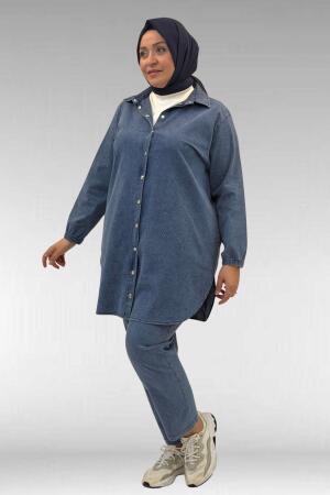 67042 Büyük Beden Kolları Lastikli Pantolonlu Takım - Lacivert - 2