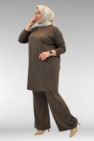 67043 Büyük Beden Püskül Detaylı Sandy Pantolonlu Takım - Kahve - (1)