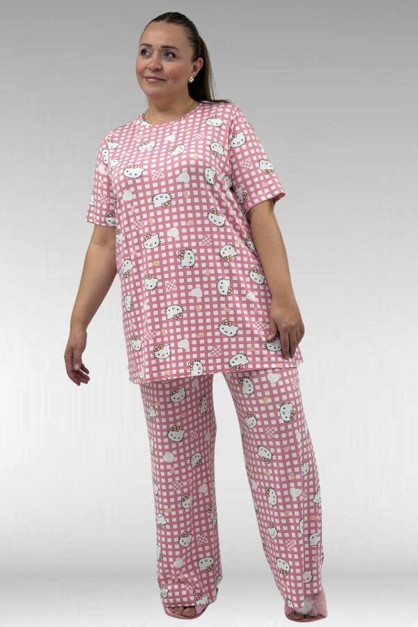 67801 Büyük Beden Kısakol Desenli Pijama Takımı - Kedi Desenli - 2