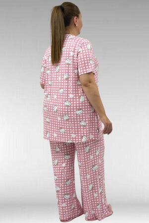 67801 Büyük Beden Kısakol Desenli Pijama Takımı - Kedi Desenli - 3