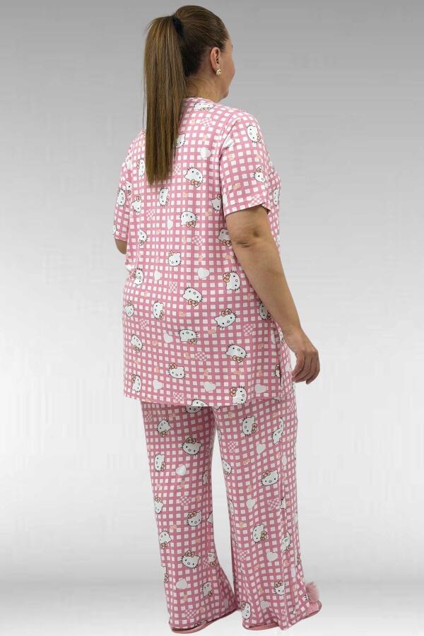 67801 Büyük Beden Kısakol Desenli Pijama Takımı - Kedi Desenli - 3