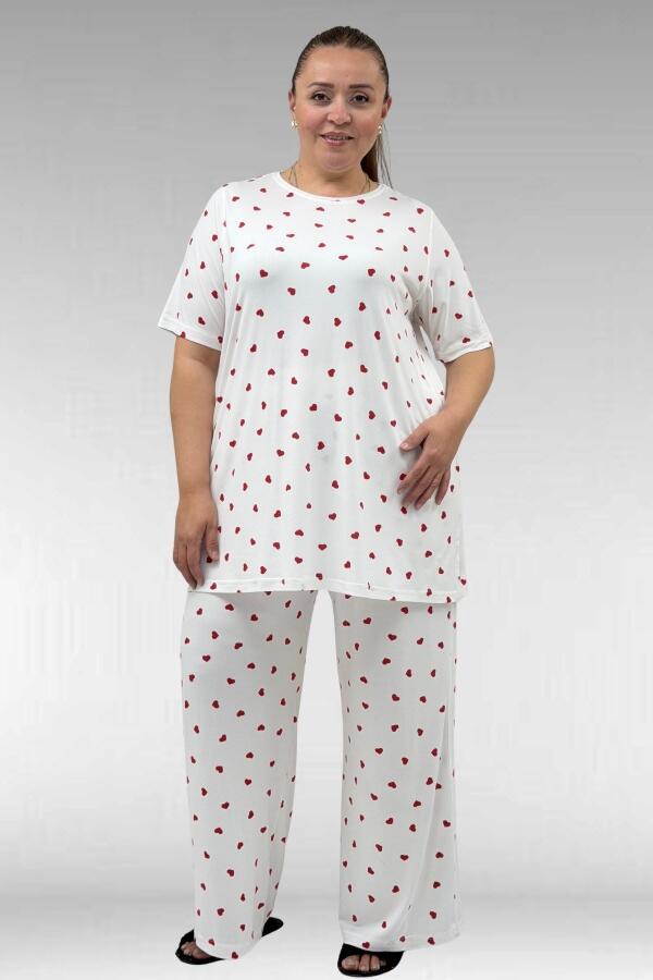67801 Büyük Beden Kısakol Desenli Pijama Takımı - Kırmızı Kalp Desenli - 1