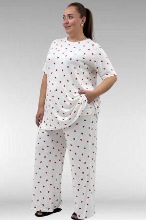 67801 Büyük Beden Kısakol Desenli Pijama Takımı - Kırmızı Kalp Desenli - 2