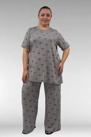 67801 Büyük Beden Kısakol Desenli Pijama Takımı - Kırmızı Kurdele Desenli - 1