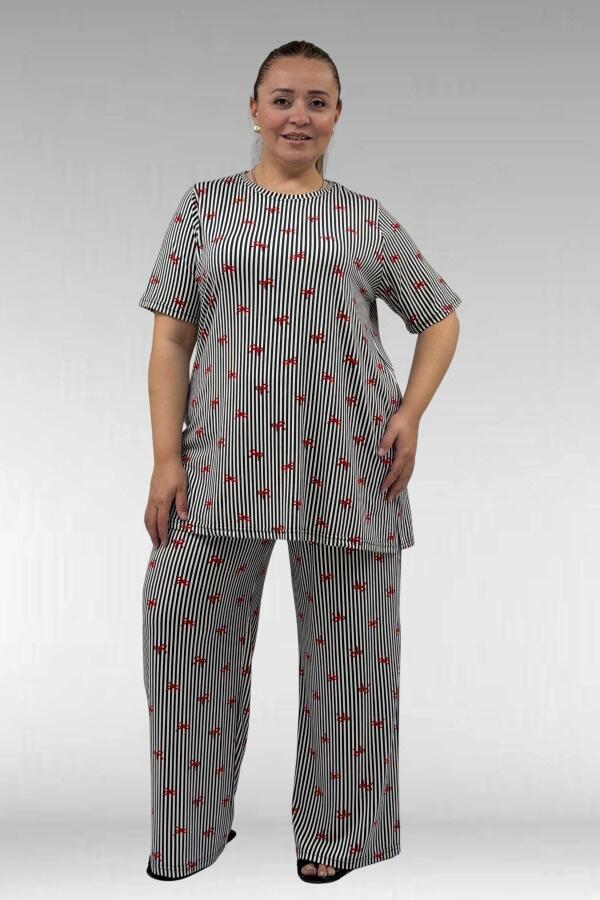67801 Büyük Beden Kısakol Desenli Pijama Takımı - Kırmızı Kurdele Desenli - 1