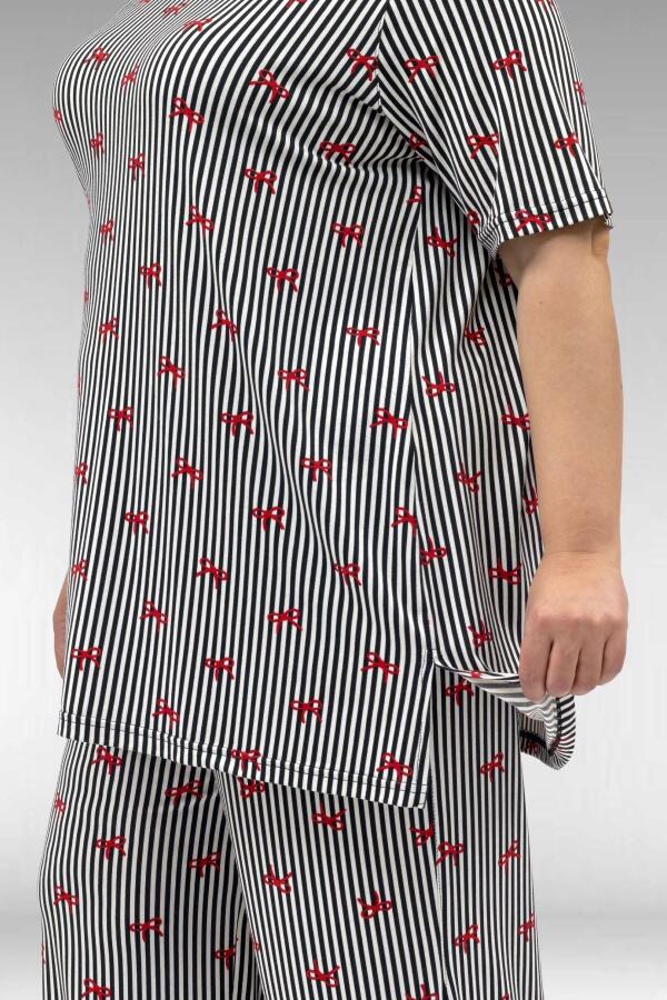 67801 Büyük Beden Kısakol Desenli Pijama Takımı - Kırmızı Kurdele Desenli - 2