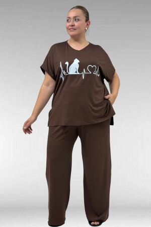 67804 Büyük Beden Yanı Yırtmaçlı Penye Pijama Takımı - Kahve - 1