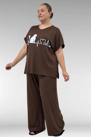 67804 Büyük Beden Yanı Yırtmaçlı Penye Pijama Takımı - Kahve - 2