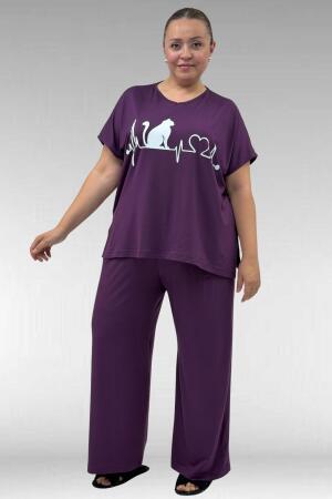 67804 Büyük Beden Yanı Yırtmaçlı Penye Pijama Takımı - Mürdüm - 1