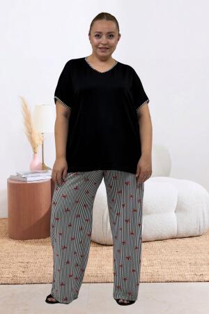 67808 Büyük Beden Kombinli Modal -Milan Pijama Takımı - Kırmızı Kurdele Desenli - 1