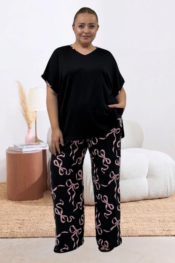 67808 Büyük Beden Kombinli Modal -Milan Pijama Takımı - Pembe Kurdele Desenli - 1