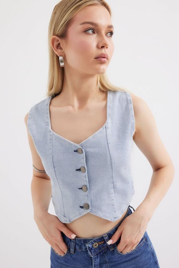 6797 Crop Kot Yelek - Mavi - 1