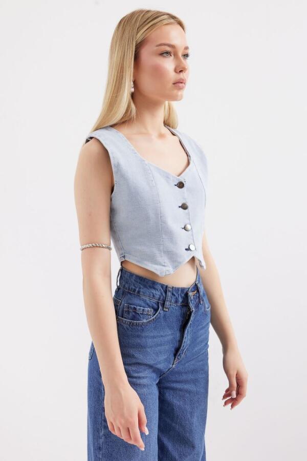 6797 Crop Kot Yelek - Mavi - 2