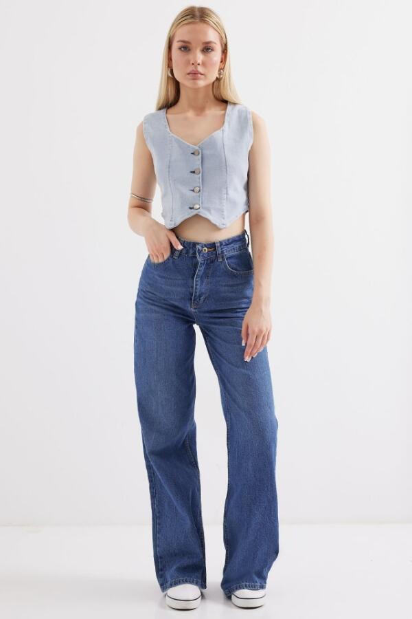 6797 Crop Kot Yelek - Mavi - 3