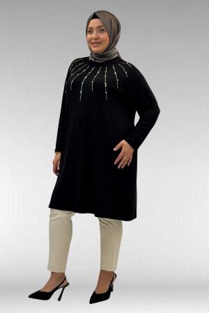 68002 Büyük Beden Önü Güneş Parıltılı Taş Baskılı Penye Tunik - Siyah - 