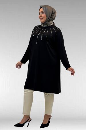 68002 Büyük Beden Önü Güneş Parıltılı Taş Baskılı Penye Tunik - Siyah - (1)